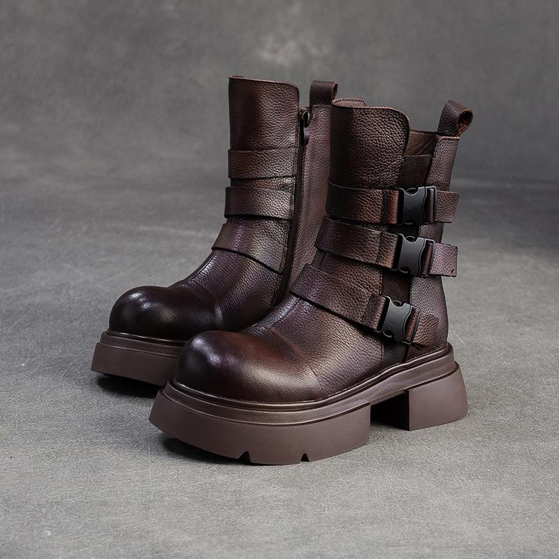 Johnature Plush Warm British Style Mid-calf Boots Genuine Leather Thick Soled Women's Shoes