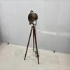 Decorative Wooden Studio Floor Tripod Spotlight Lamp Brown Tripod With Antique Raw Brass Lights