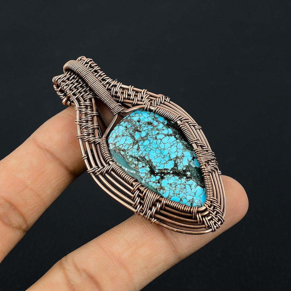 Tibetan Turquoise Pendant, 999 Copper Wire Wrapped Gemstone Jewelry, Handmade Pendant, For Thanksgiving
