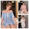 Summer Girls Two Pieces Short Sleeve Pajamas with Slash Neck Bow Solid Women Homewear of Thin Soft Elastic Loose Home Clothing
