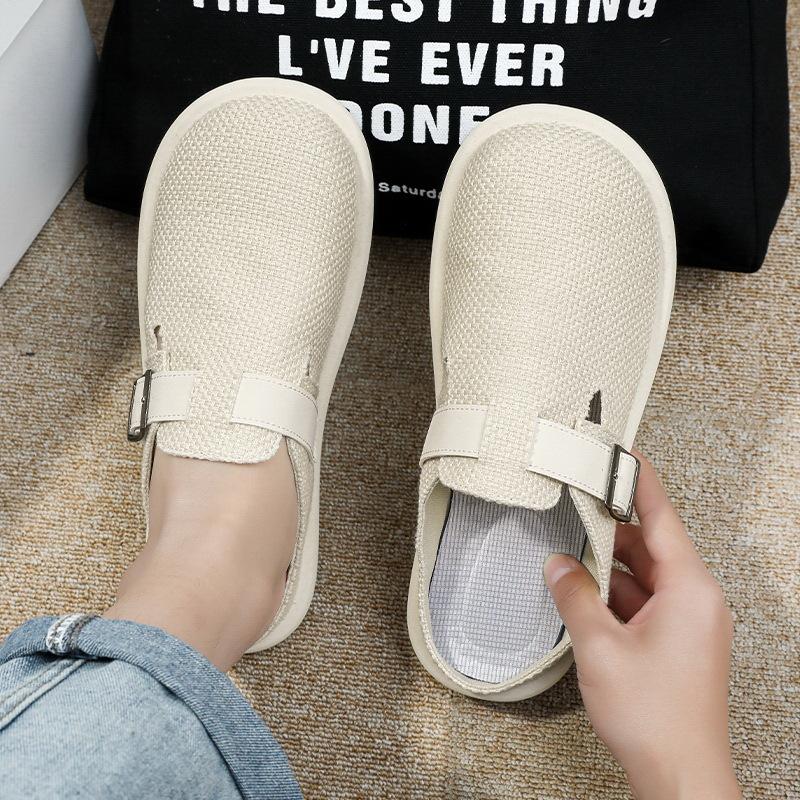 Мода 2025 Мужские льняные шлепанцы с закрытым носком Летние дышащие тапочки для дома и улицы Большого размера Комфортная повседневная офисная обувь для поездок