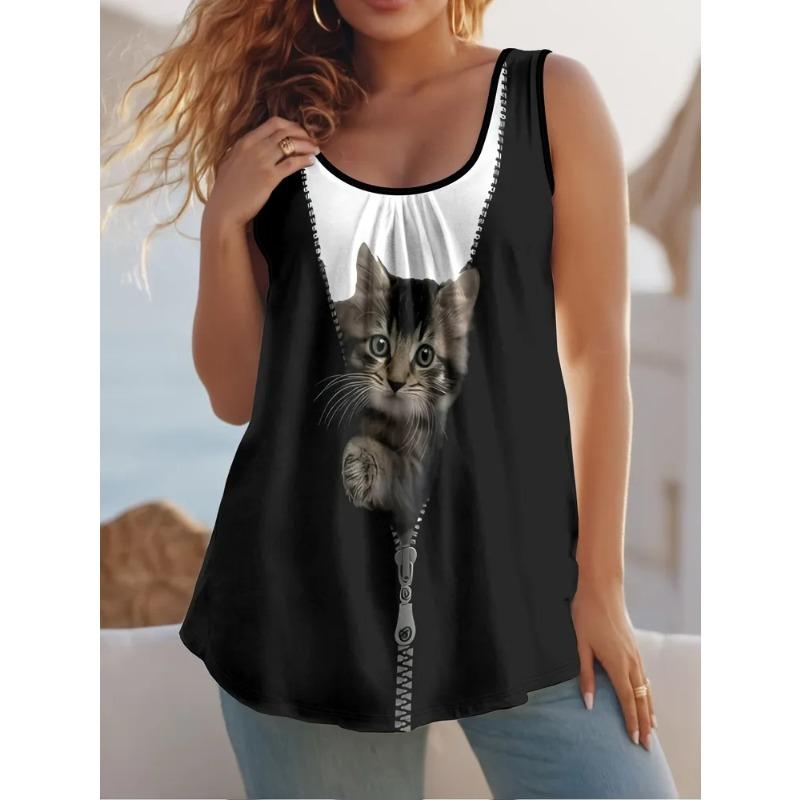 Women's Sleeveless Vest Creative Color Pattern Cat Printing Comfortable Soft Fashionable Versatile Summer Vest