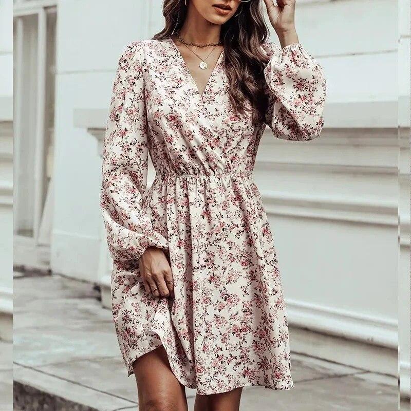 Повседневное короткое платье с эластичной талией и цветочным принтом, осеннее сексуальное платье трапециевидной формы с v-образным вырезом, модные платья с длинным рукавом с цветочным принтом 29773