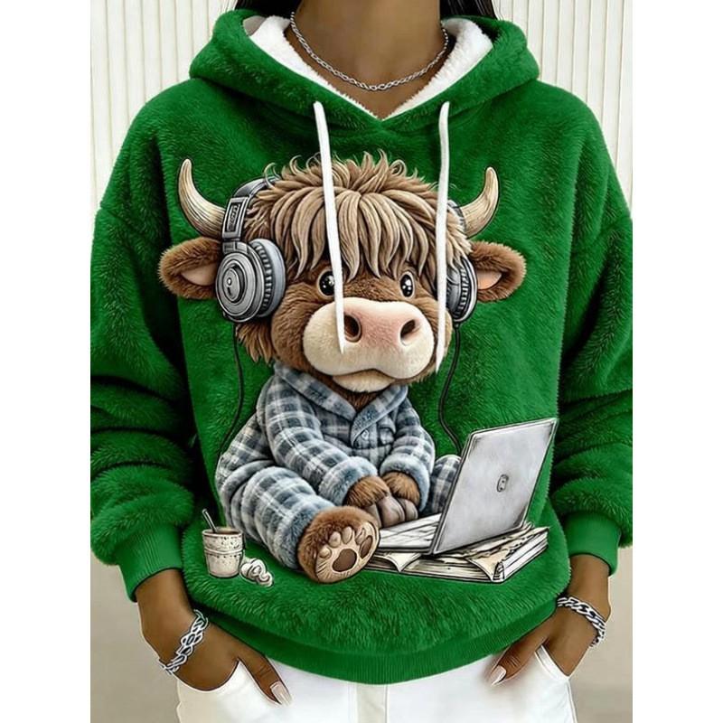 Womens Flannel Hooded Sweatshirt With 3D Dog Print - Cozy Casual Long Sleeve Top Winter