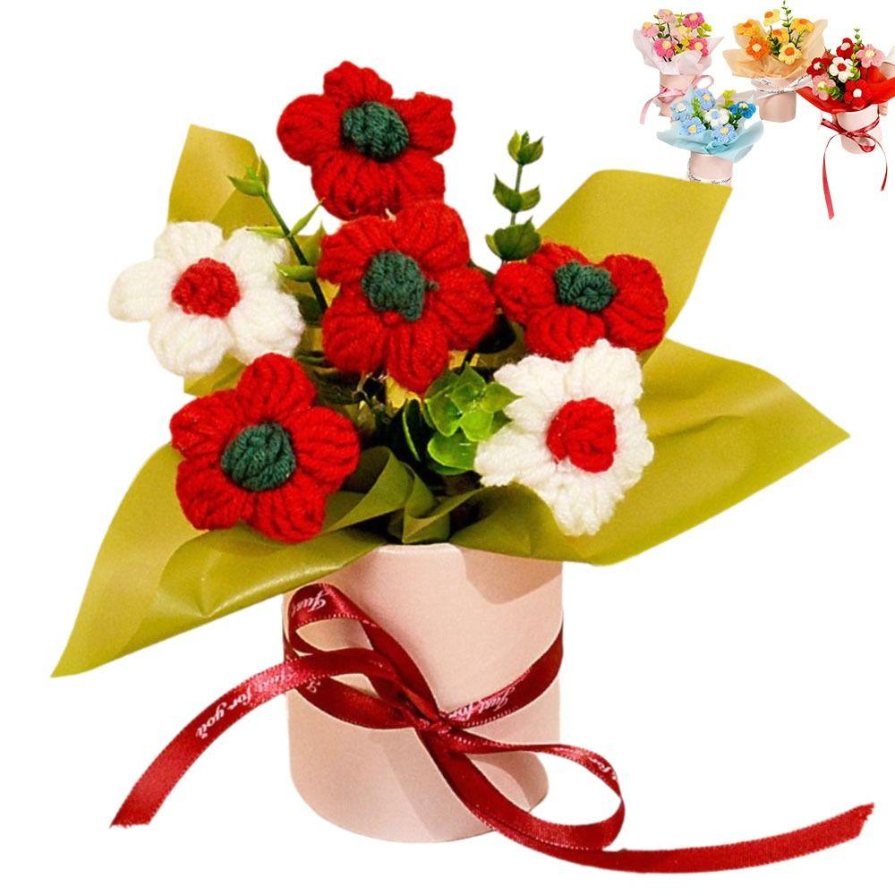 Finished Crochet Flowers Bouquet Cream Puffs Flower Handmade Artificial Flowers Decor Knitted Flower Bouquet