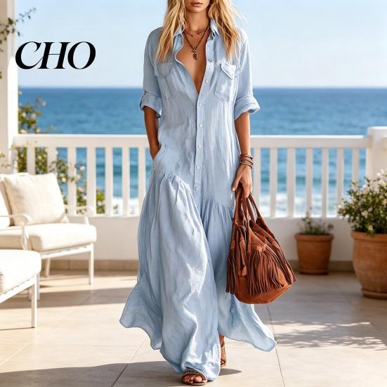 Comfortable Women Dress Women's Short Sleeve Maxi Shirt Dress, Button Down Lapel V Neck Summer Flowy Long Casual Ruffle A-line with Pockets