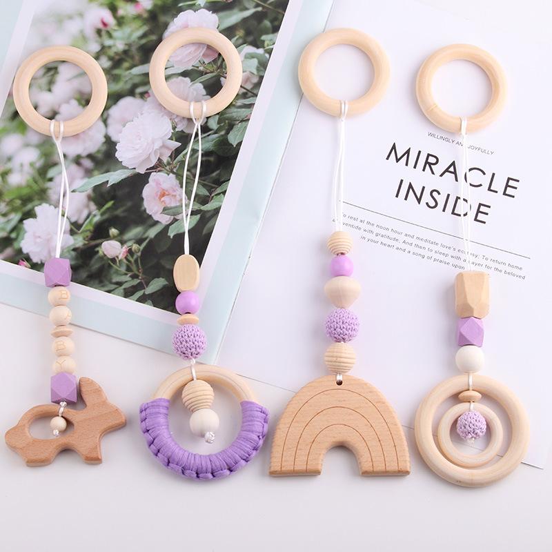 4pcs Organic Rainbow Beech Wood Soft Teether Baby Teething Toy Gift Set Food Grade BPA Free Safe Newborn Infant Beads 30cm
