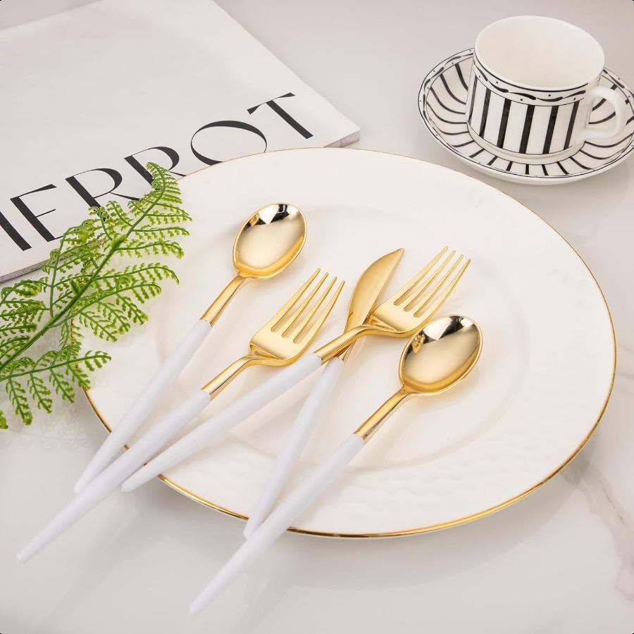 I00000 60 Pcs Gold Plastic Silverware Heavy Duty Gold Plastic Cutlery Super Bowl Party Disposable Silverware Set Includes 20 Go