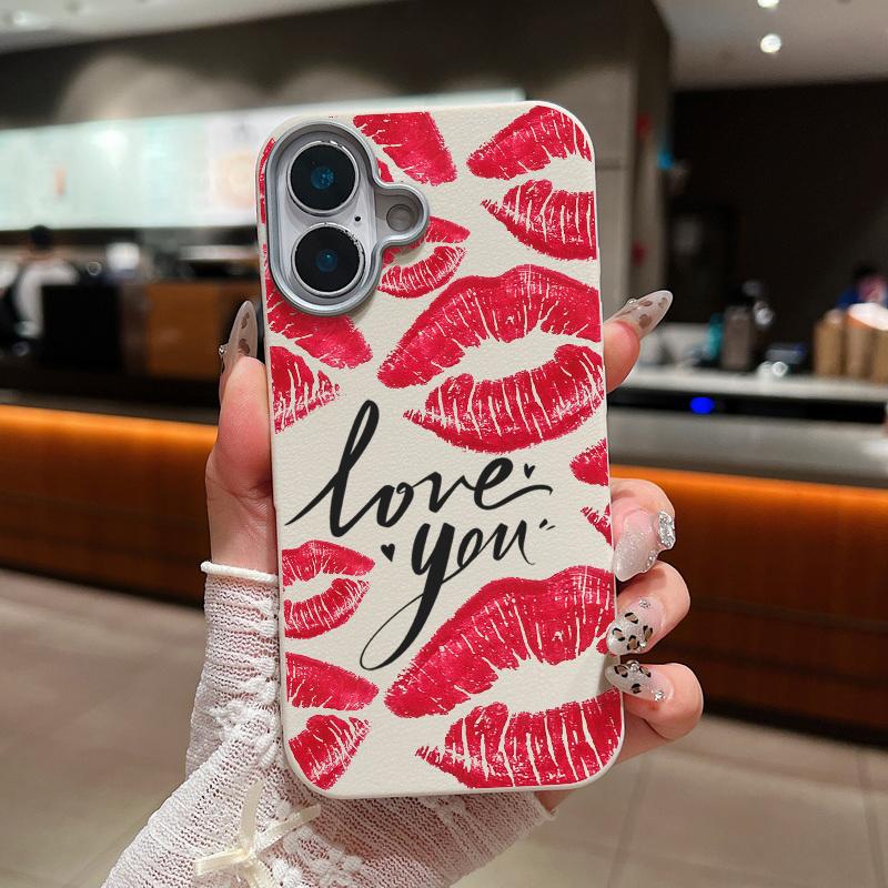 Тонкий чехол для телефона Love Red Lips Pattern из матовой кожи с текстурой для iPhone 16 Pro Max 15 14 Pro 13 12 11, противоударный защитный чехол для объектива из ТПУ с мягким бампером