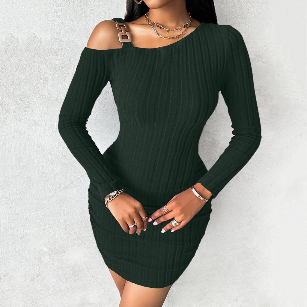 Women's Solid Color Off-the-shoulder Slant Collar Design Sense Bodycon Dress, Stylish, Slim, Sexy Long-sleeved Dress