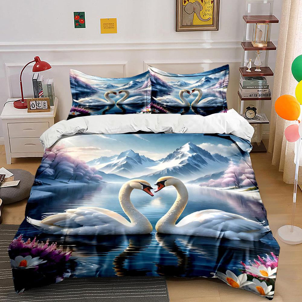 Two swans, mountain lake. Bedding sets Duvet cover sets Duvet covers Pillowcases(1 * Duvet Cover 2 * Pillowcases without duvet insert)