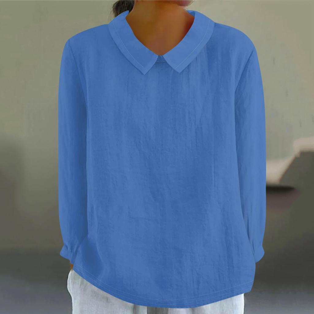 Women's Fashion Doll Collar Long Sleeve Loose Solid Color Shirt Casual Button Top