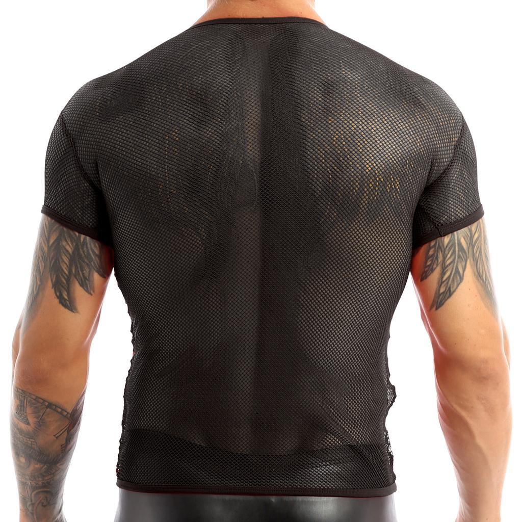Mens Blouses Mesh Fishnet Short Sleeve Sheer Tank Top T-shirt Vest Tee