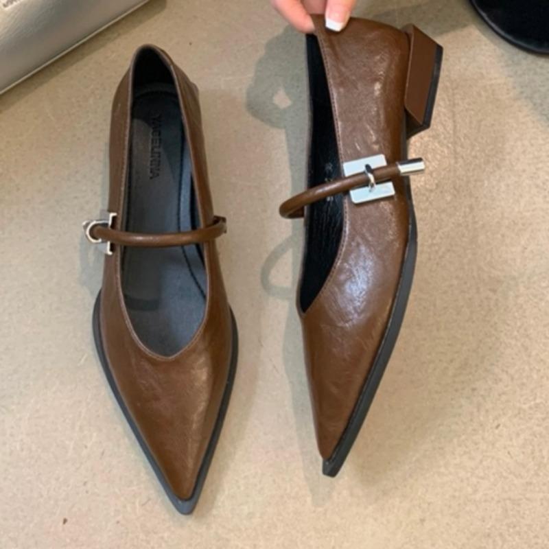 Модные женские туфли Мэри Джейн с острым носком, осень, новые, с неглубокой металлической пряжкой, однорядная пряжка, удобные одинарные туфли