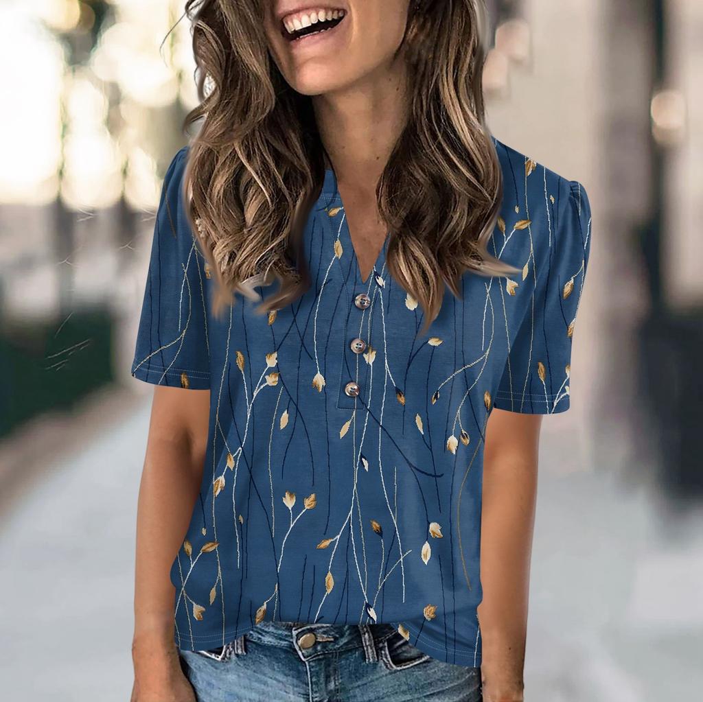 Women's Fashion Casual Flower Print V-neck Short Sleeve Button Up T-shirt Top