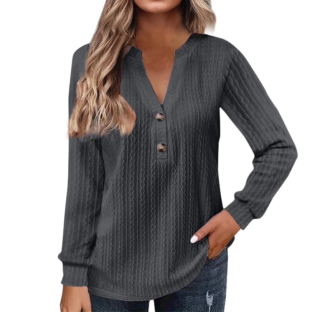 Женская мода с длинным рукавом однотонная футболка с v-образным вырезом и пуговицами повседневный топ с принтом