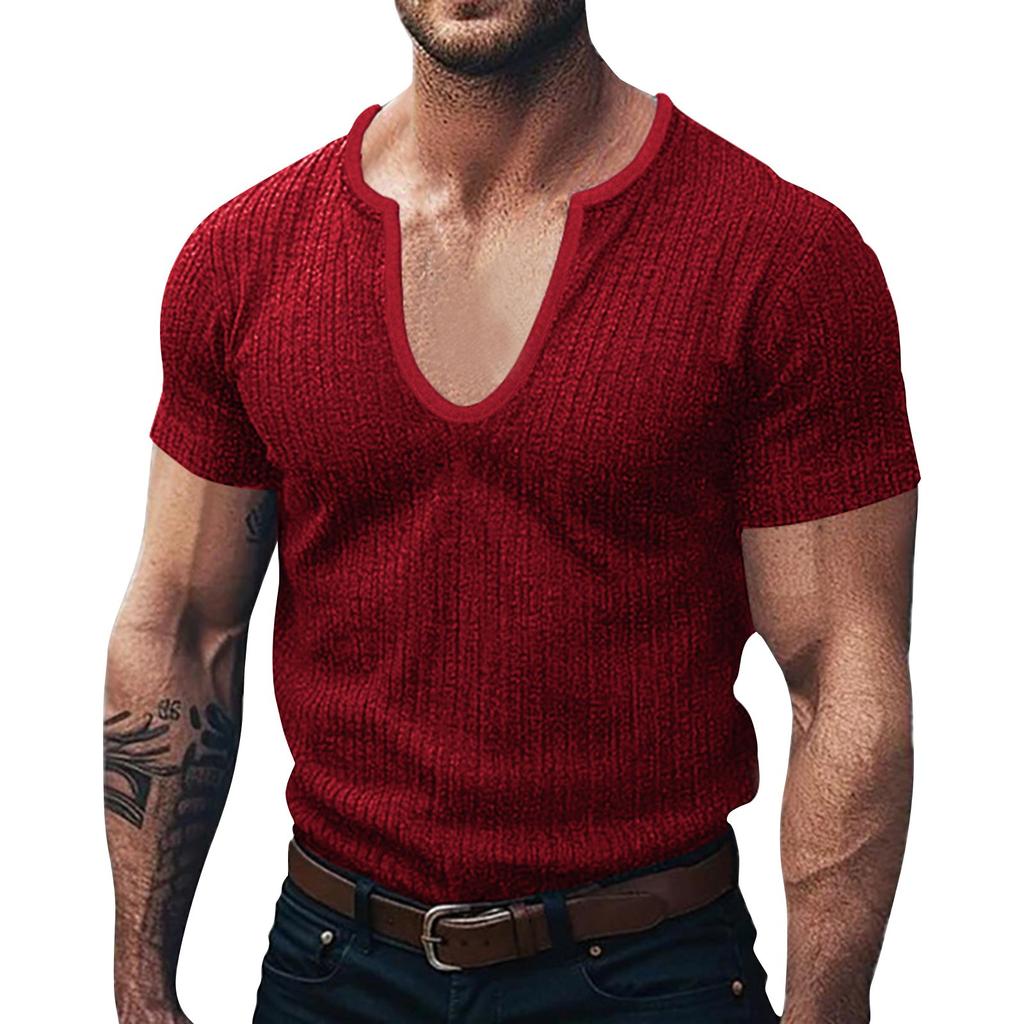Men's Summer V-neck Striped Knitted Short-sleeved Tops Men's Casual Short-sleeved Tops