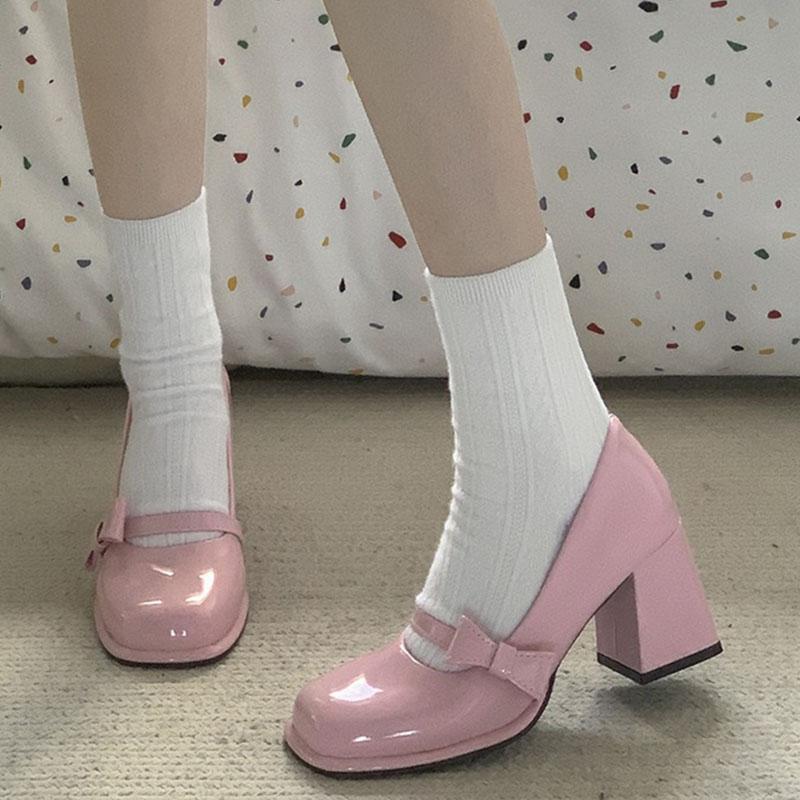 Туфли на высоком каблуке, женская мода, блочный каблук 8 см, бантовый ремешок, туфли Мэри Джейн, туфли-лодочки с квадратным носком, милые туфли в стиле Лолиты, свадебные туфли для невесты