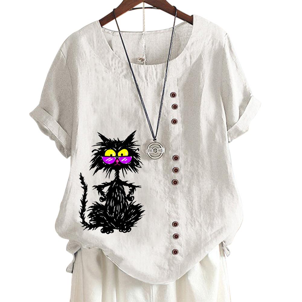 Женская удобная повседневная футболка из хлопка и льна с животным и цветочным принтом, круглым вырезом и короткими рукавами, украшение на пуговицах, S-5XL