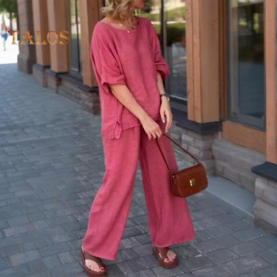 2Pcs/Set Women Casual Outfit O-neck Long Sleeve Tops Elastic Waist Wide Leg Long Pants Set Solid Color Loungewear