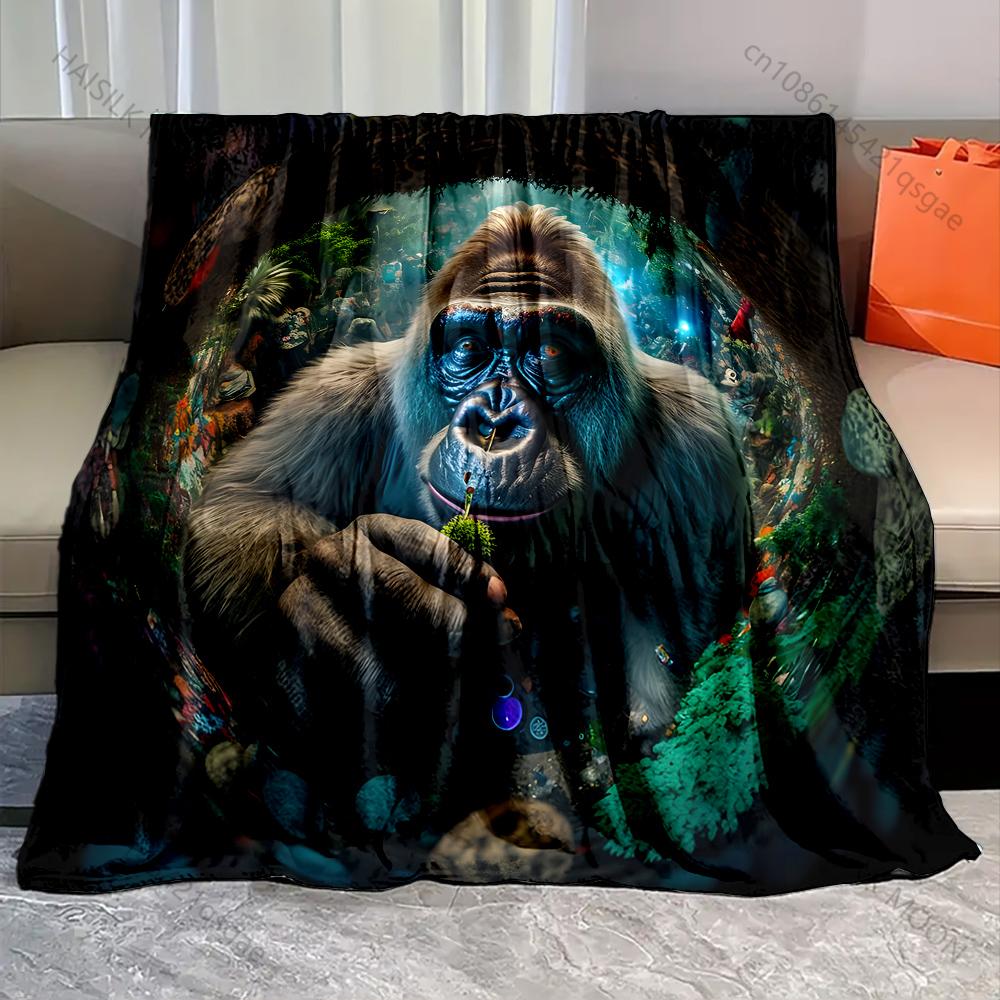 Gorilla Surrounded By Lush Greenery Pattern Blanket Flannel Material Soft Warm for All Seasons, Home Outdoor Camping Picnics RV