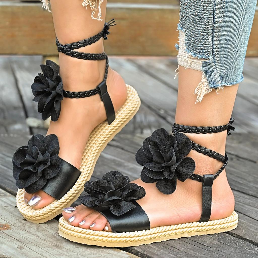 Fashion New 2025 Large-sized Ankle Lace-up Flower-shaped Sandals for Women, Fashionable Woven Strap Beach Flip-flops for Women Shoes