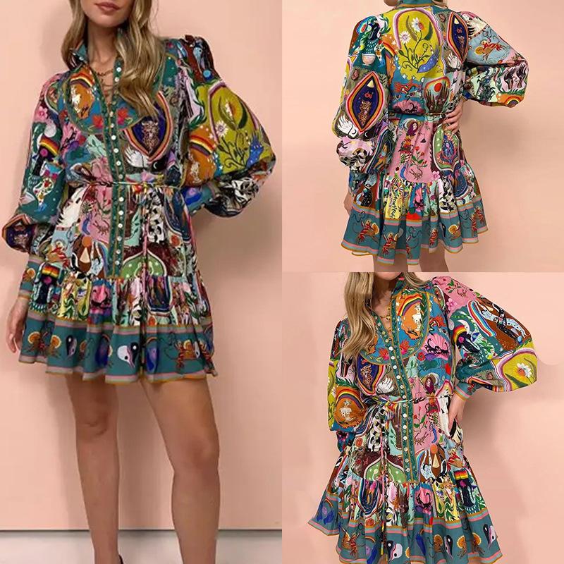 Women's Retro Elegant Stand Up Collar Printed Strap Dress Short Skirt