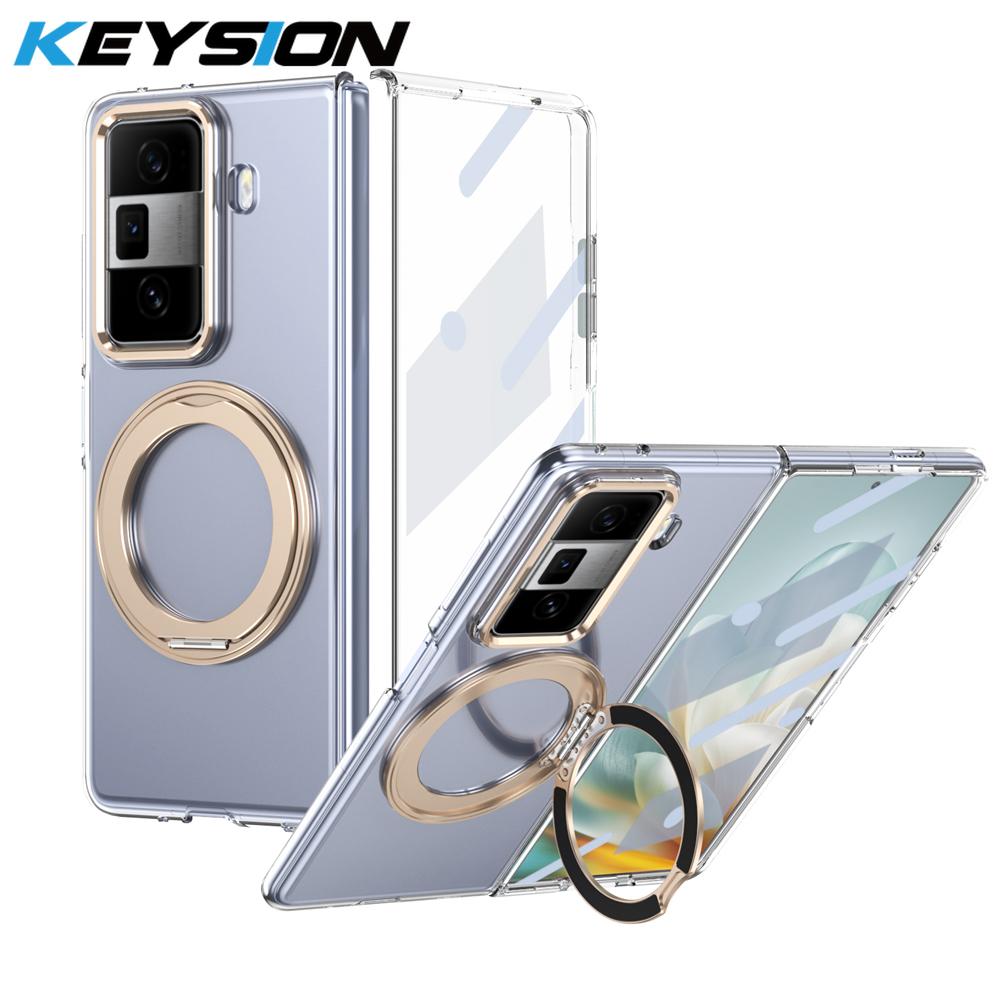 KEYSION Вращающийся на 360° магнитный чехол-подставка с кольцом для HONOR Magic Vs3, прозрачный жесткий чехол для ПК-телефона со стеклянным защитным экраном