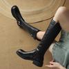 Designer New Pu Leather Knee Boots Shoes for Women Buckle Metal Decoration Fashion Outdoor Ladies Footwear Long Black Botas