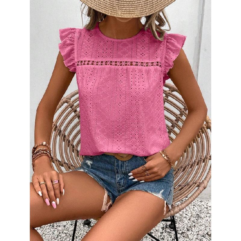 2026 Women's Summer New Round Neck Lace Solid Color Ruffle Short Sleeve Top