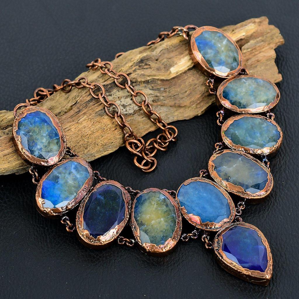 Blue Sapphire Necklace, Handmade Gemstone Necklace, Copper Electroformed Necklace Antique Jewelry, For Engagement Gift