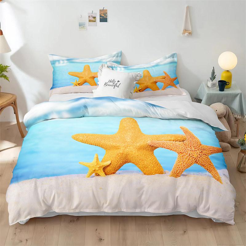 Beach Theme Duvet Cover Set Blue Ocean Bedding Set King Queen For Kids Girls Microfiber Seashell Starfish Print Comforter Cover