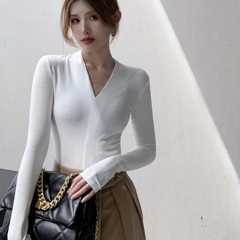 Women S V Neck Long Sleeve Slim Fit Solid Color Base T Shirt