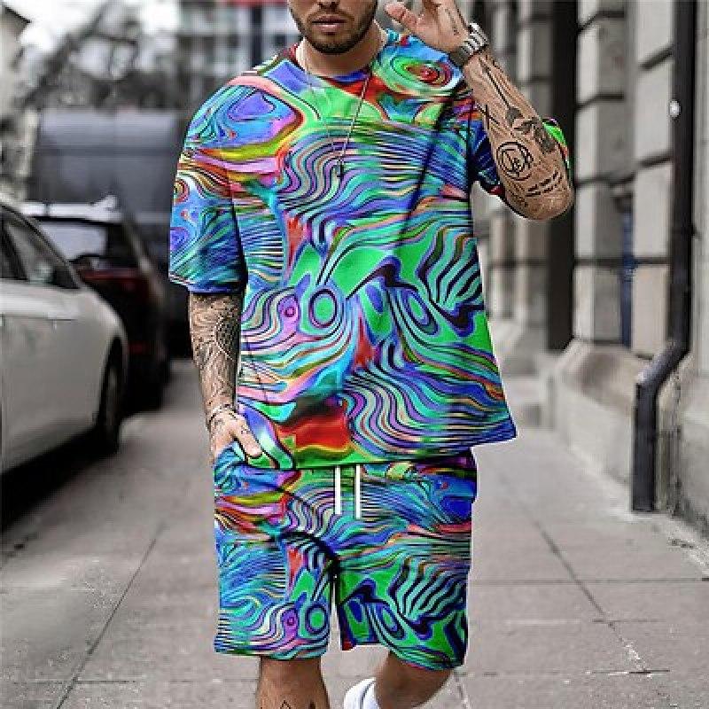 Optical Illusion Abstract Graphic Prints Sport Designer Casual Men's Shirt Set Shorts and T Shirt Set T-Shirt Outfits Outdoor Daily Vacation T Shirt