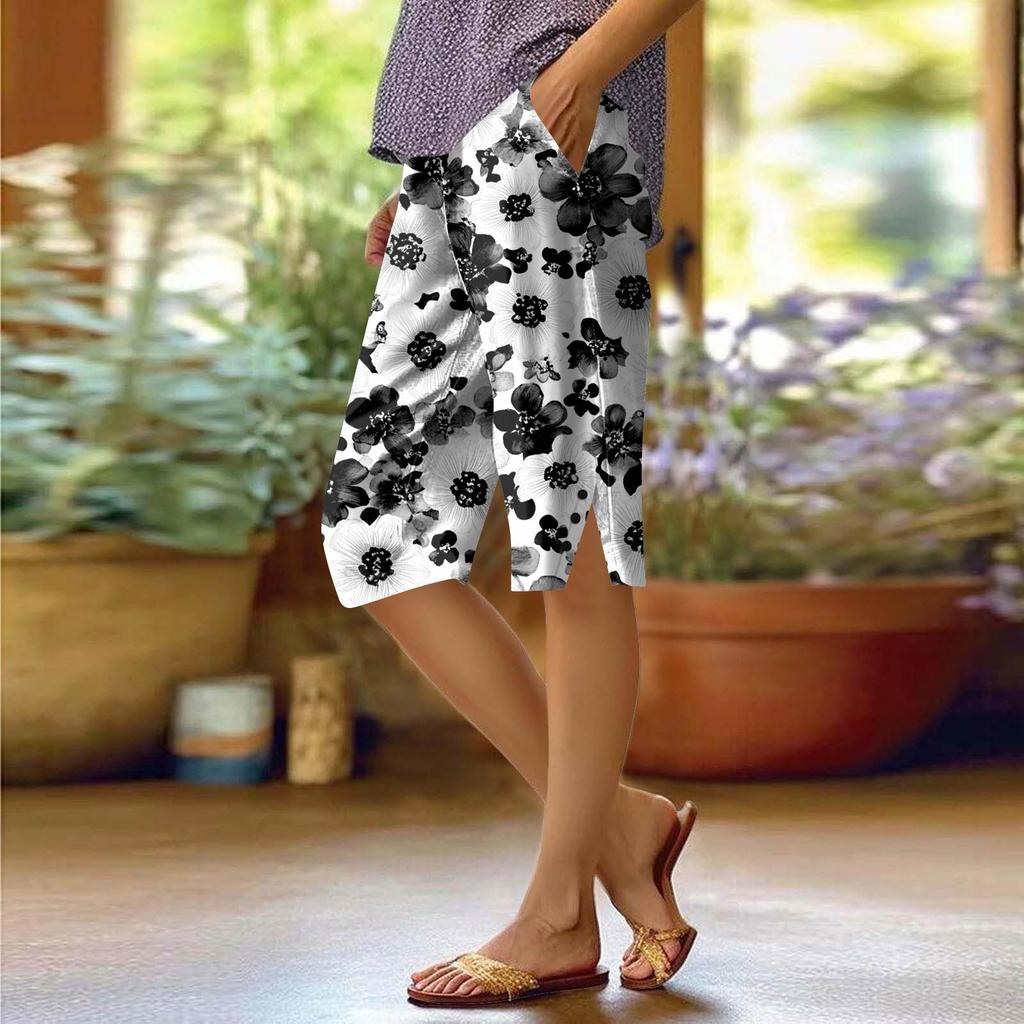 Женские брюки с принтом, модные повседневные шорты с карманами и эластичной резинкой на талии