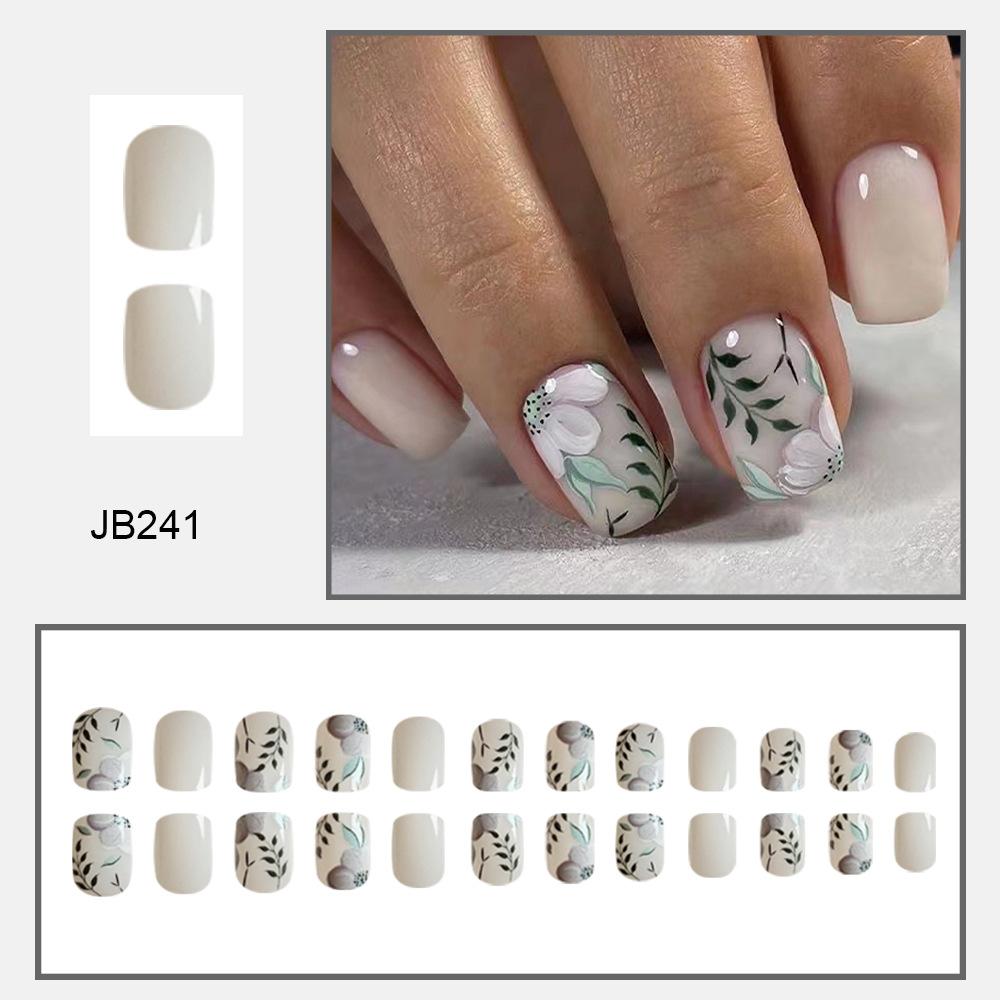 24pcs Press On Nails Spring Flowers and Green Leaves Wearable Nails Short Square Glossy Polish Nails Removable