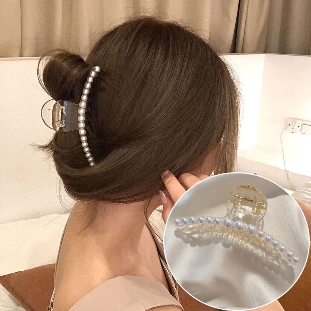 Big Size Pearl Hair Claw Pearl Decor Hairpin Elegant Shark Clip Daily Styling