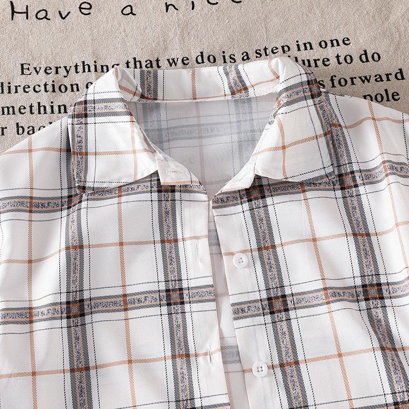 Повседневный комплект для девочек 2025 Осень Детская мода Клетчатая рубашка с длинным рукавом, топ на бретелях и шорты