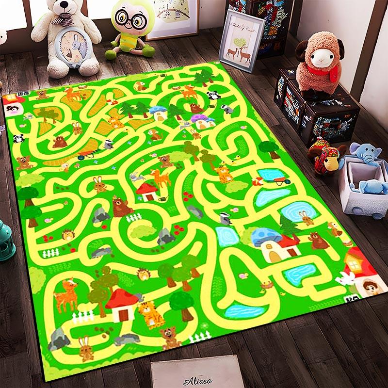 Kids' Carpet with Colorful Animal Maze Design, Educational Play Mat Suitable for use as an anti-slip for living room bedroom sofas