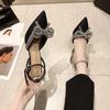 New Fashion Rhinestone Fine Heel Sandals Women Cute Pointed Crystal Fairy Wind Bow Tie Diamond High Heels Baotou Sandals 2024