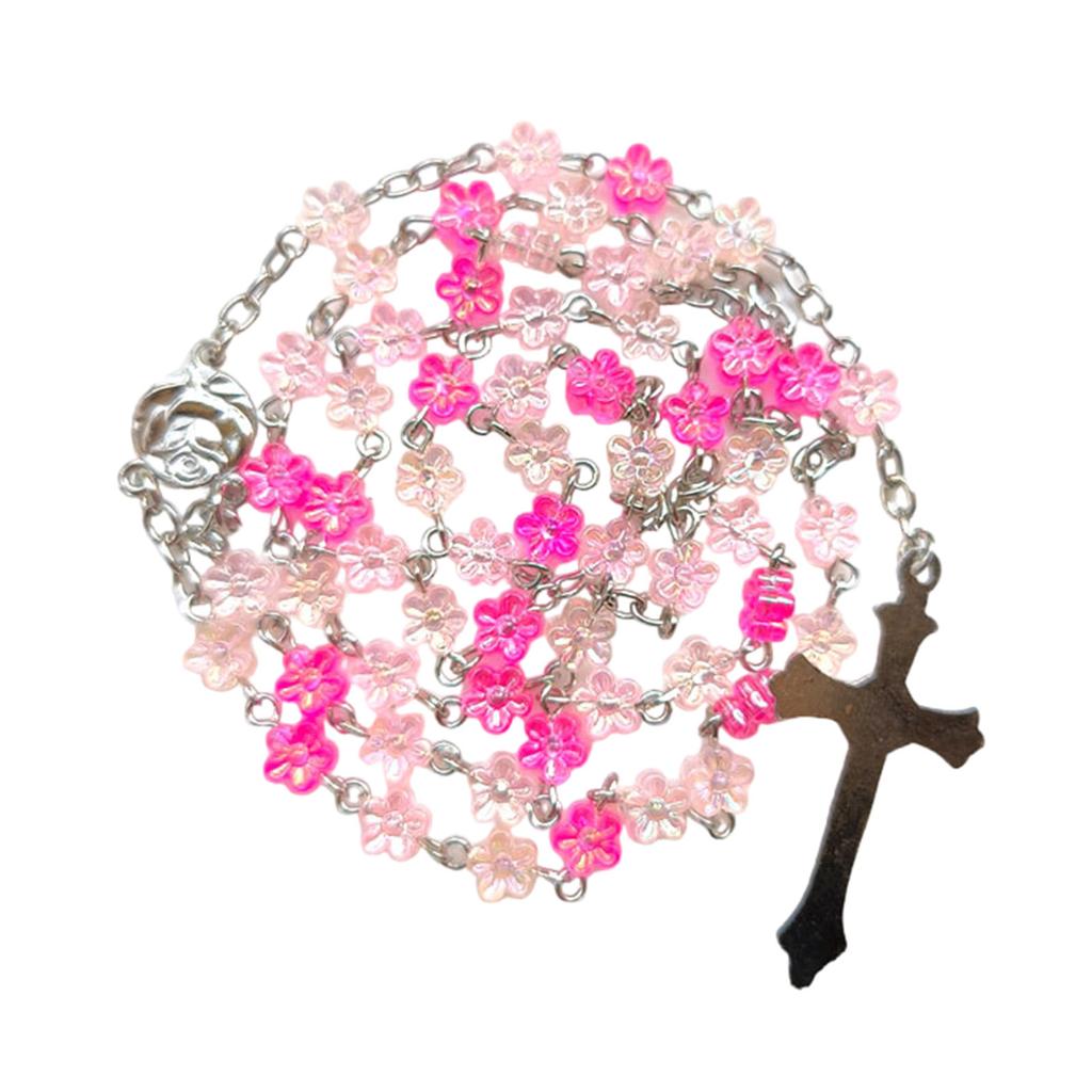 Catholic Flower Beads Rosary Necklace Crosses Religious Chain Church Prayer Pendants Jewelry for Womens Baptisms Gift