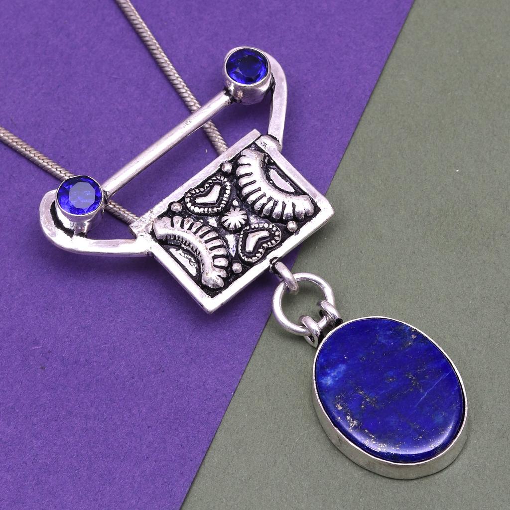 Pendant Lapis Lazuli Silver Jewelry 2.5" Gemstone  Handmade Sterling Silver