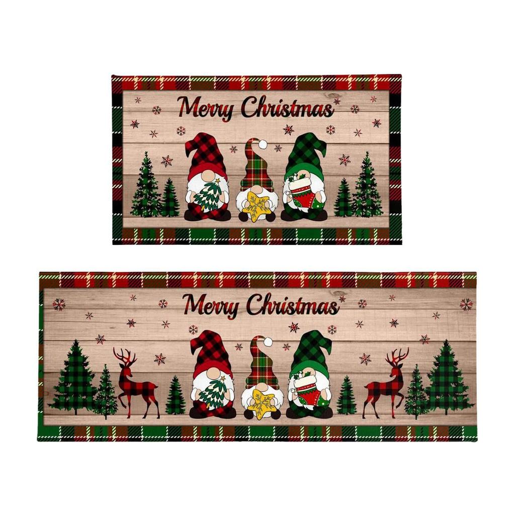 VIKAMA 2pcs Christmas Winter Crystal Velvet Floor Rug Kitchen Non-slip Mat Entrance Welcome Door Mat Holiday Home Decoration