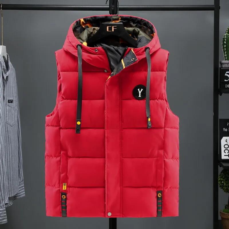 Men's Winter Vest Cotton Warm Sleeveless Coat Hat Detachable Padded  Waistcoat Work Wear Male High Quality Clothes 5XL