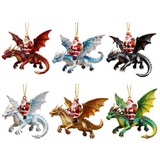 Christmas Themed Hanging Ornament Santa Claus Dragon Rider Ornament, 2D Acrylic Red Durable Resin Decoration with Flying Tree Decorations for