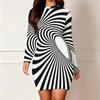 Женское мини-платье облегающего силуэта с круглым вырезом, длинным рукавом, черно-белым принтом, большого размера