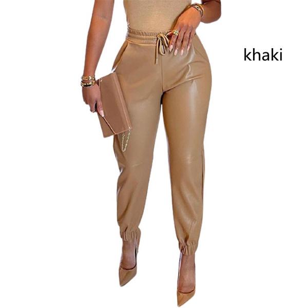 Брюки женские, новые однотонные брюки из искусственной кожи, повседневные брюки на шнуровке, S-XXXL