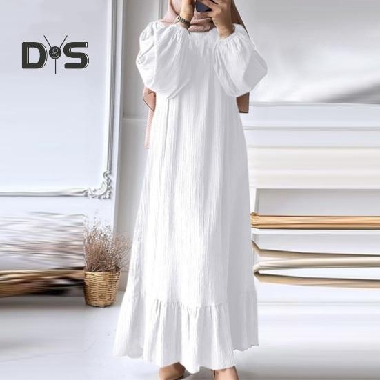 Women Robe Dress Crew Neck Long Puff Sleeves Pure Color Plus Size Patchwork Straight Pullover Casual Middle East Area Traditional Clothes Maxi Dress