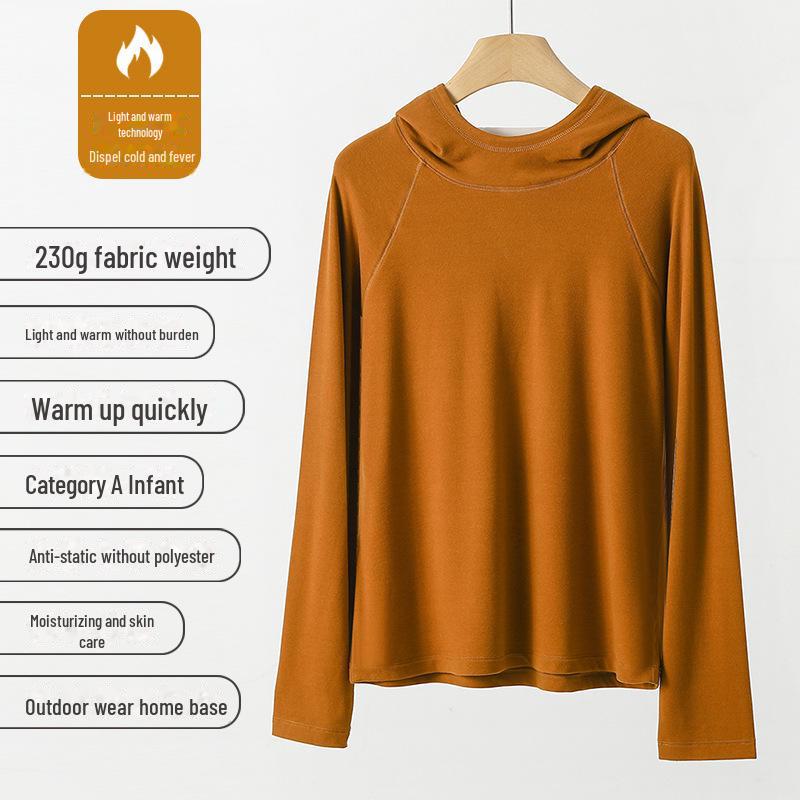 Теплая толстовка с капюшоном из бархата цвета имбиря для женщин - однотонная, можно носить как нижнюю рубашку на весну/осень