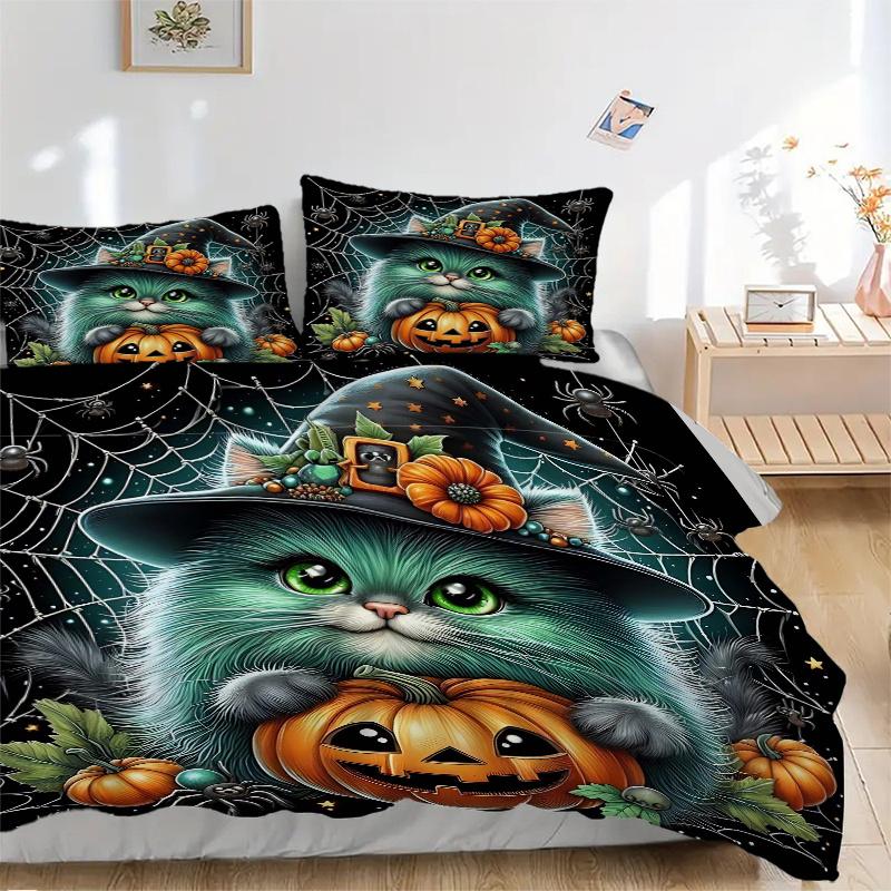 3pcs Spider Wizard Cat Pumpkin Design Pattern Bedding Three-Piece Set (1 Cover + 2 Pillowcases, No Fillings), This Printed Bedding Set Is So